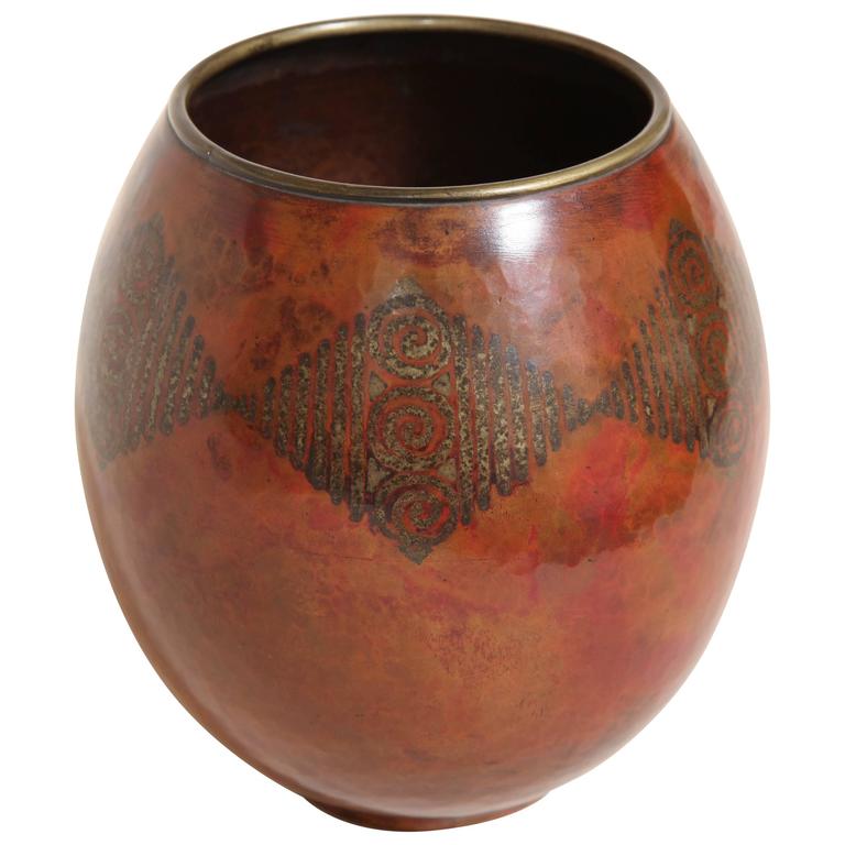 Claudius Linossier French Art Deco Copper Dinanderie Vase For Sale at
