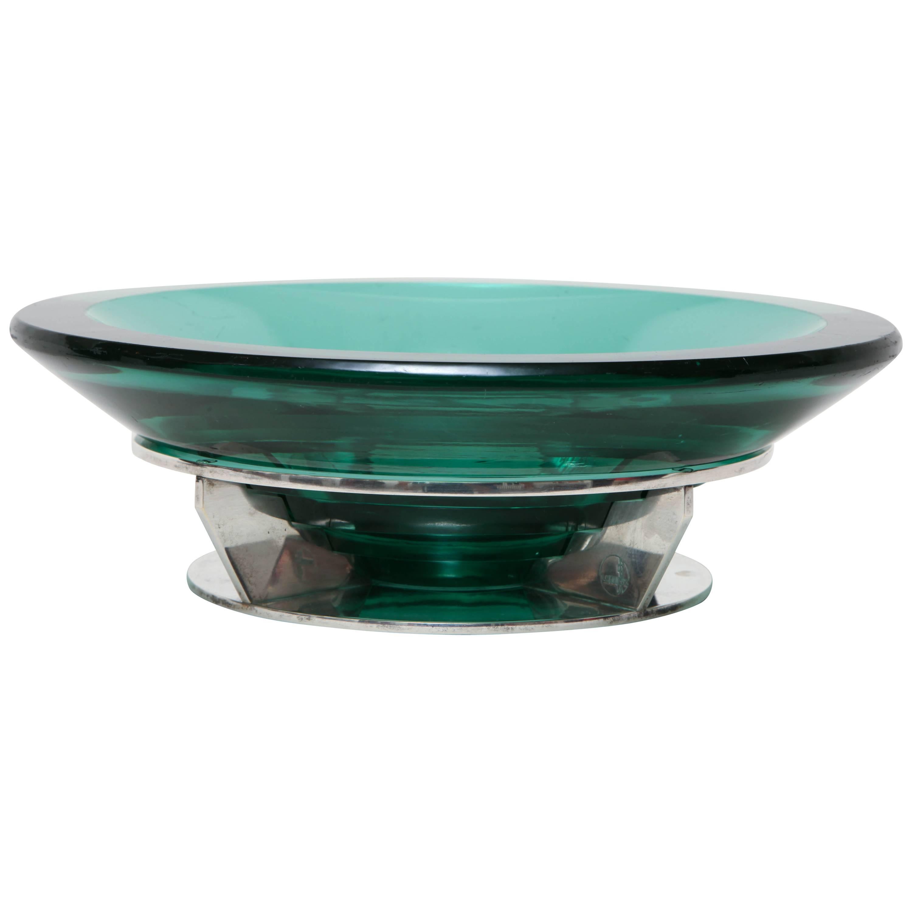 Boris Jean Lacroix & M. Goupy French Art Deco Nickel & Green Glass Coupe For Sale
