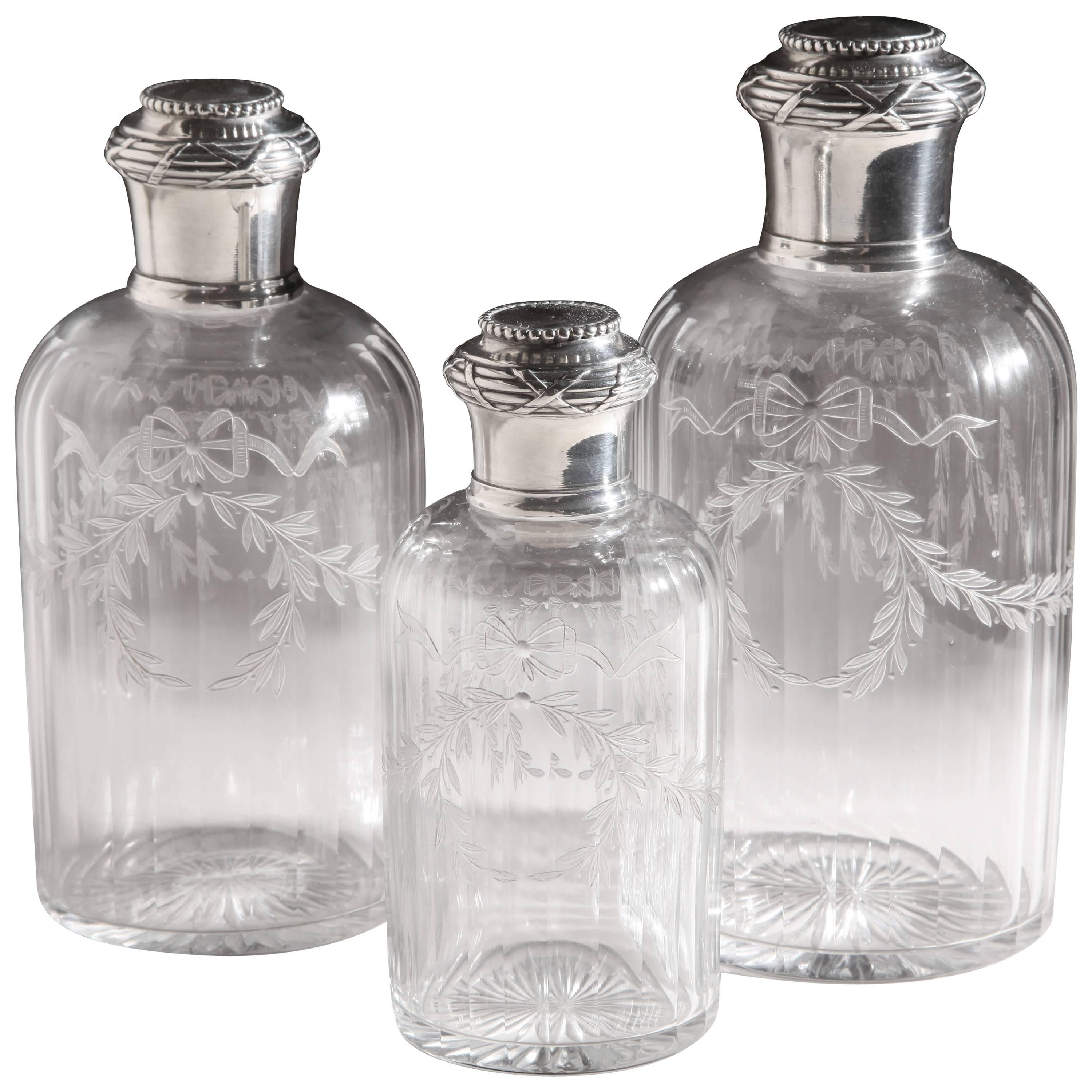 Boin Taburet French Art Deco Set of 3 Sterling Silver & Glass Scent Bottles For Sale