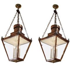 Antique Pair of American Copper and Spelter Hanging Lanterns, Circa 1810