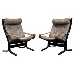 Pair Midcentury Westnofa Siesta Chairs - Highback Leather - Ingmar Relling