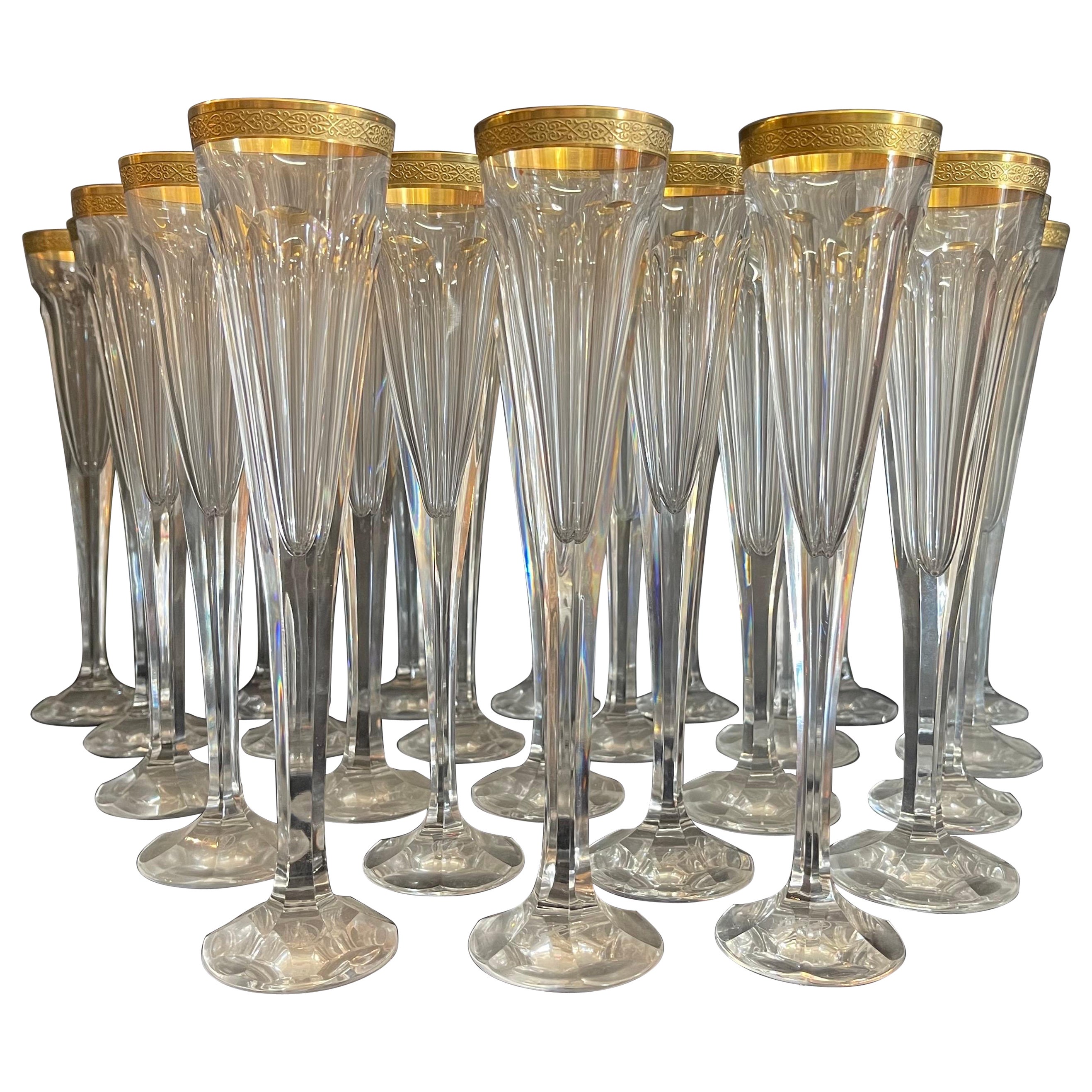 Wonderful Set 25 Moser Jubilee Crystal 24K Gold Rim Fluted Champagne Goblets For Sale
