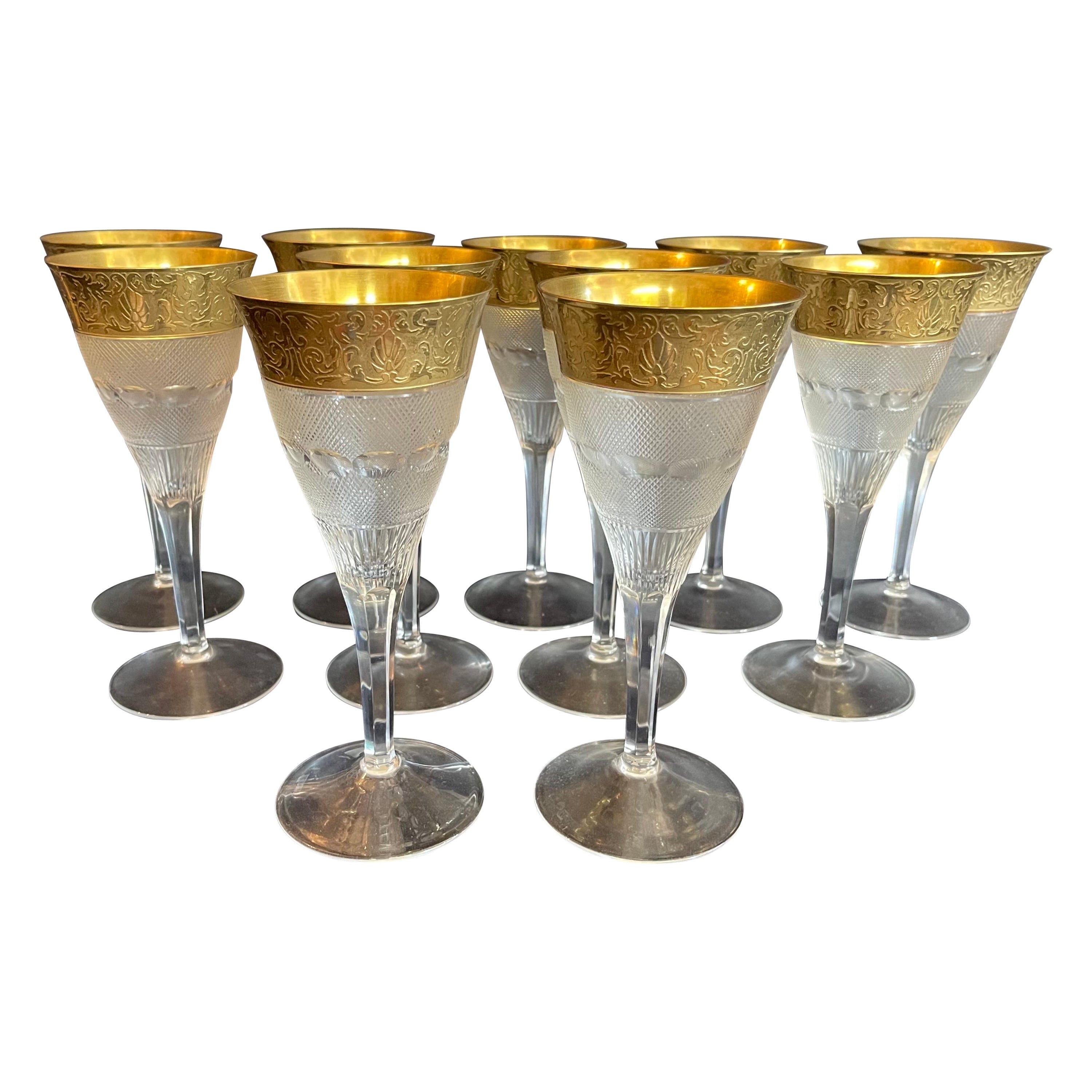 Wonderful Set 25 Moser Splendid Cut Crystal 24K Gold Rim Wine Glasses Goblets For Sale