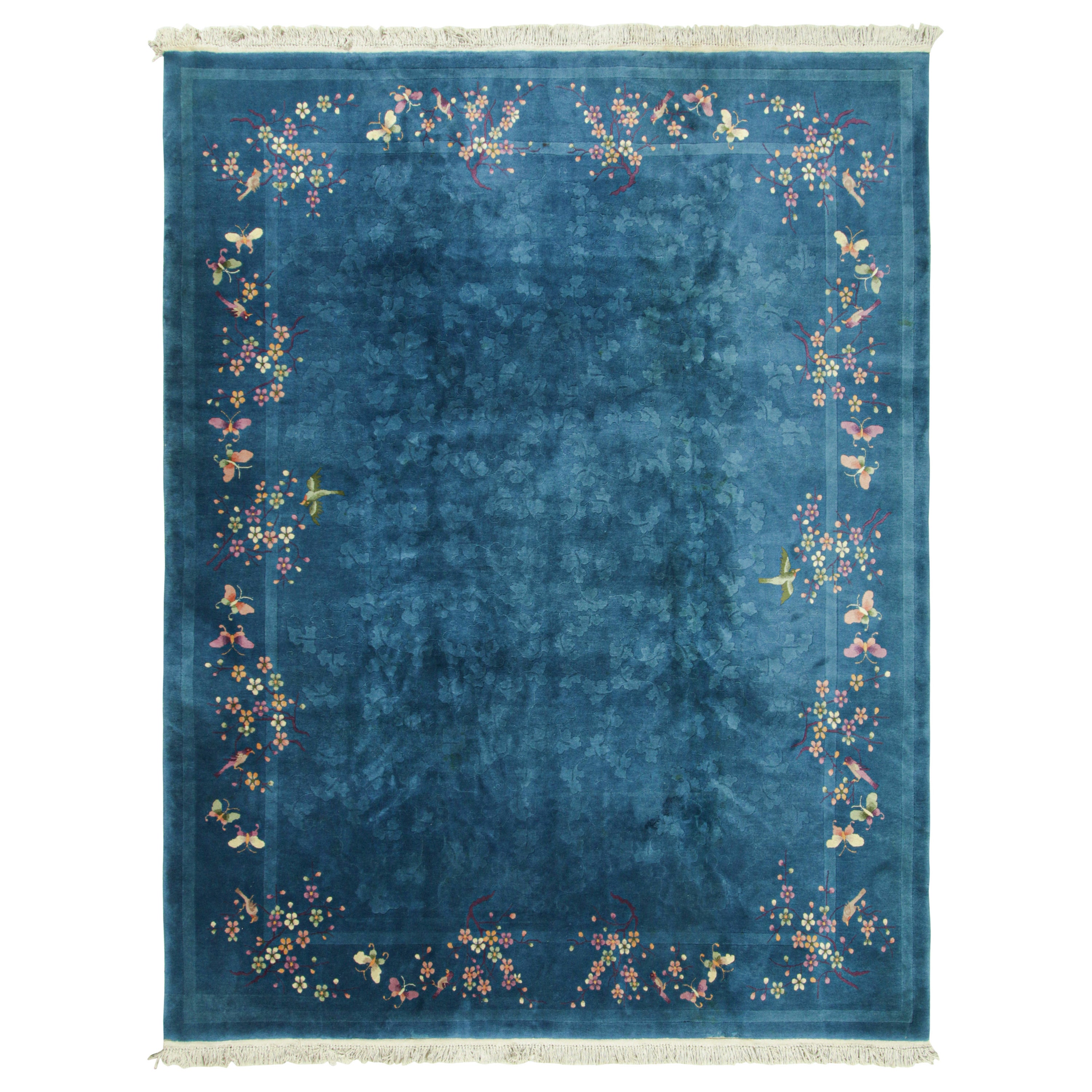 Antique Chinese Art Deco Rug in Blue with Floral Patterns, from Rug & Kilim For Sale