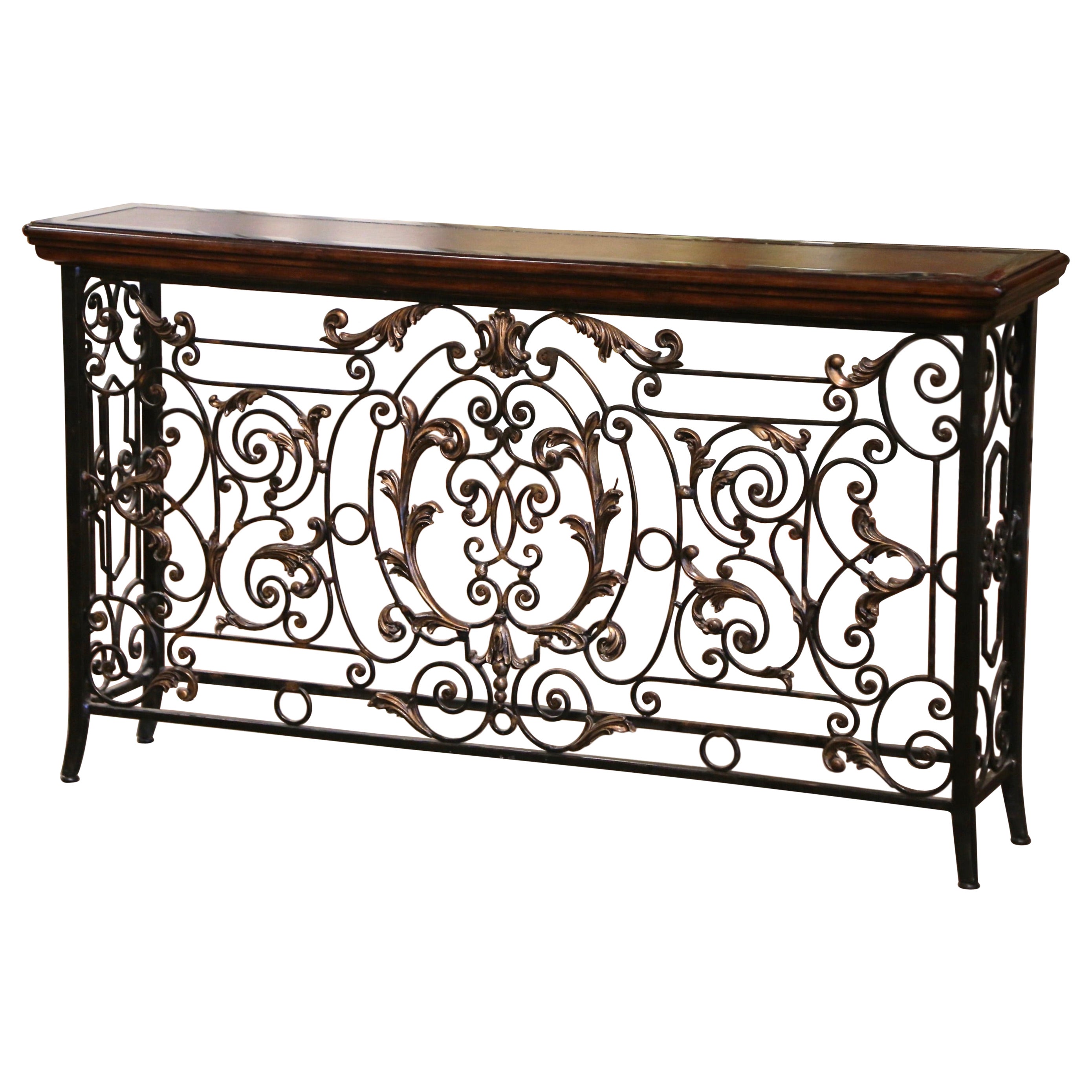 19th Century French Louis XV Wood and Leather Top Wrought Iron Console Table