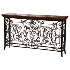 Antique 19th Century French Louis XV Wood and Leather Top Wrought Iron Console Table