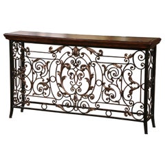19th Century French Louis XV Wood and Leather Top Wrought Iron Console Table