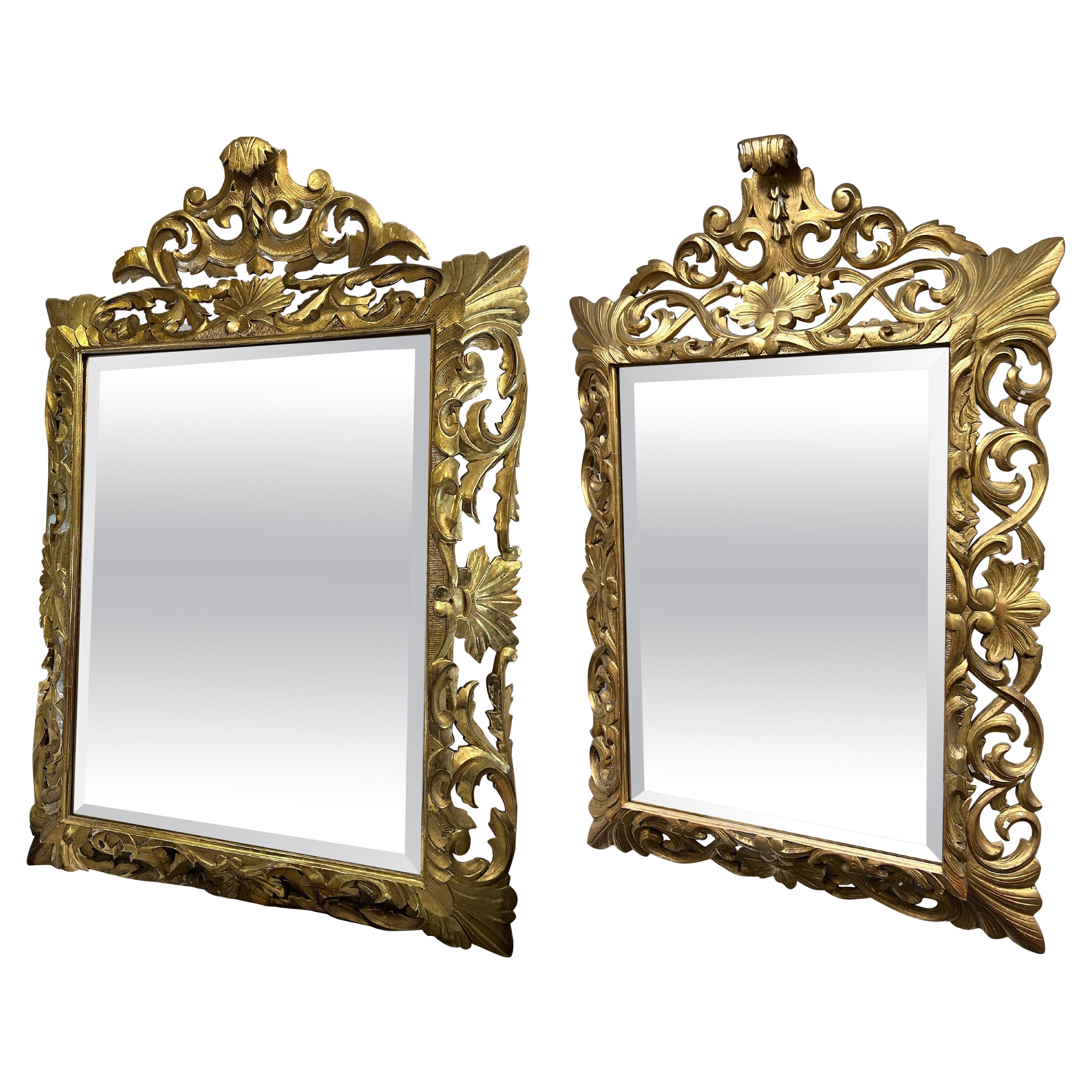 Near Pair of Antique Italian Mercury Gilded Mirrors with Beveled Fan For Sale