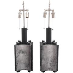 Pair of Torch Cut Steel Brutalist Table Lamps