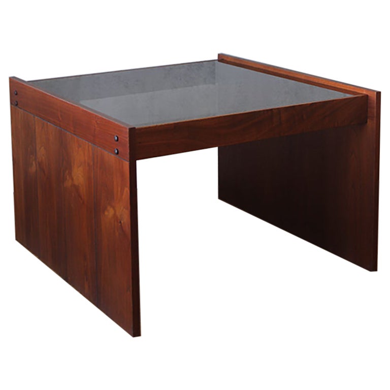 Mid-Century Italian Square Coffee Table in Mahogany and Smoked Glass For Sale