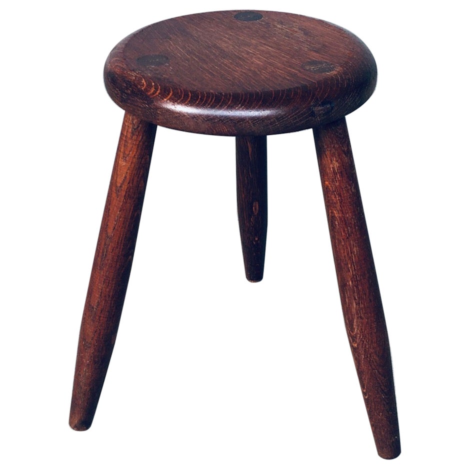 1940's Artisan Turned Oak Tripod Stool For Sale