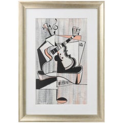 Cubist, Pencil Pastel, Assemblage of Musical Instruments & Notes, Signed Record