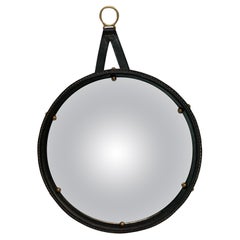 1950's Stitched leather convex  mirror by Jacques Adnet