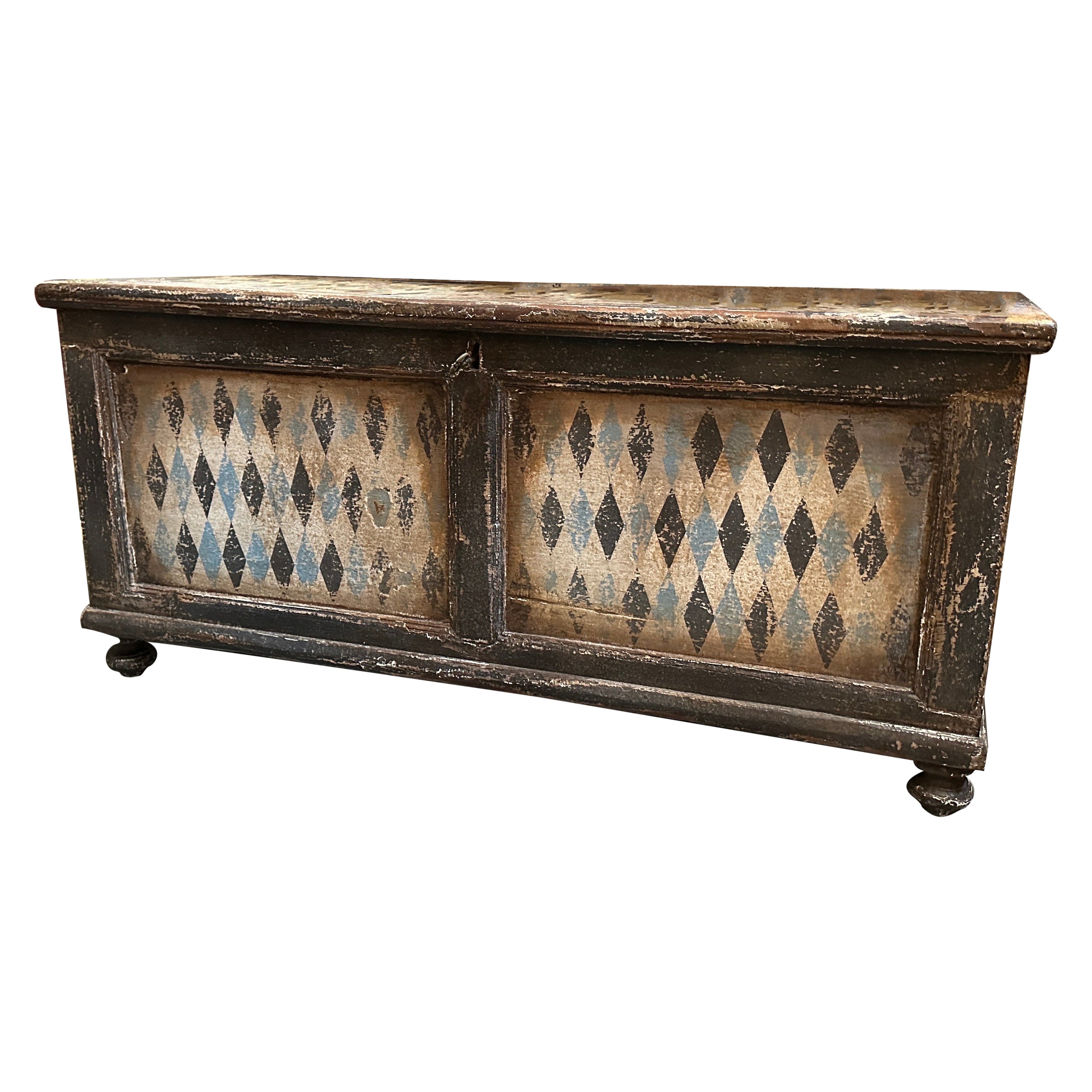 19th Century Blue Black and White Lacquered Wood Florentine Blanket Chest For Sale