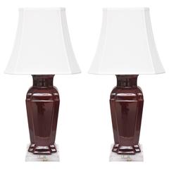 Pair of Chinese Double-Vase Ceramic Lamps with Sang de Boeuf Glaze Coloration 4