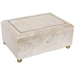 Maitland-Smith Style Mother-of-Pearl Box with Brass Ball Feet and Mahogany