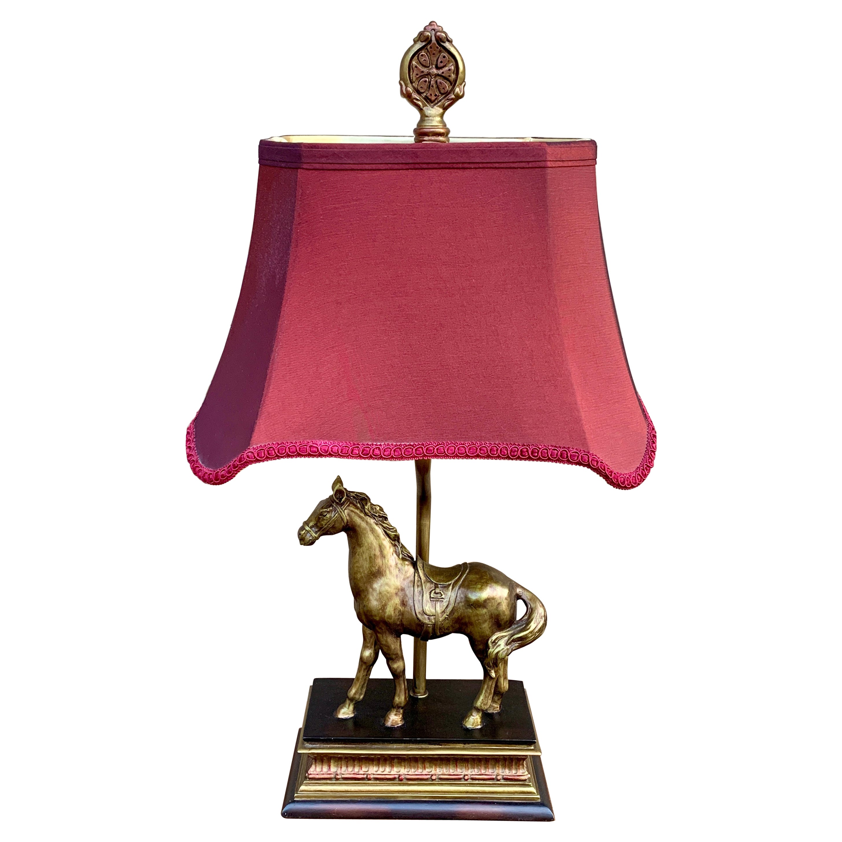 Traditional Horse Table Lamp With Cranberry Shade For Sale