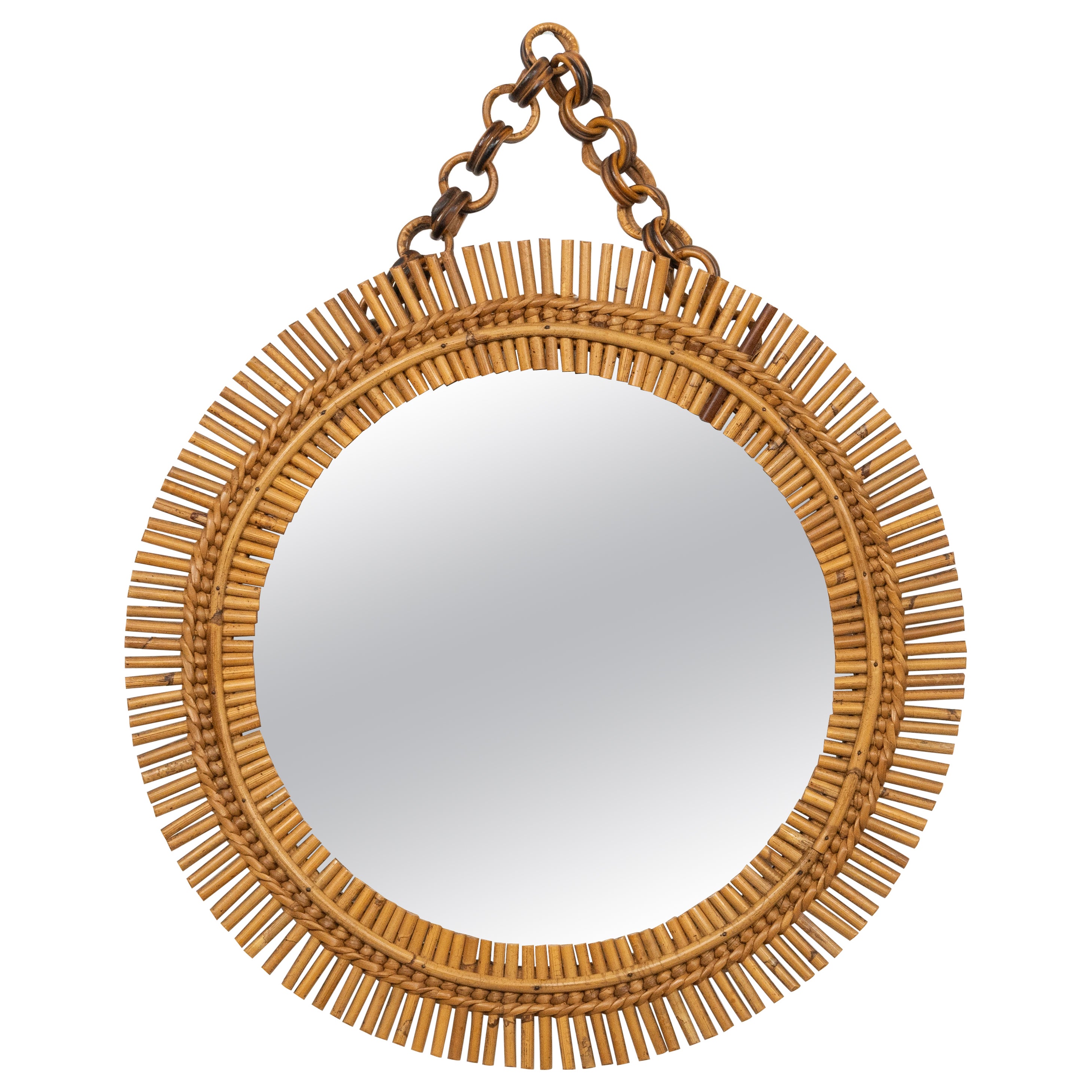 Midcentury Rattan and Bamboo Round Wall Mirror with Chain, Italy 1960s For Sale