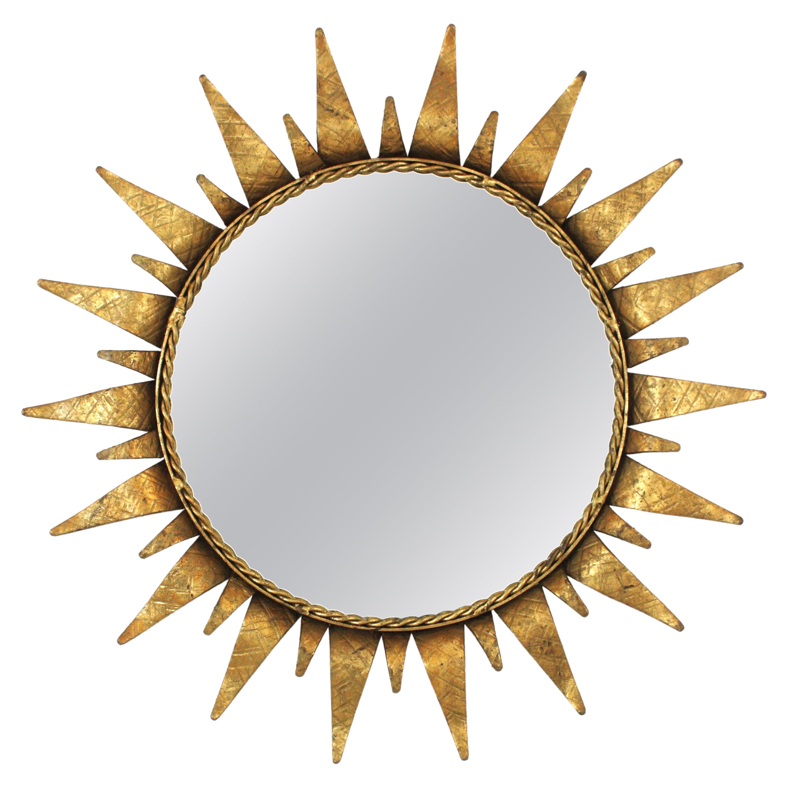 Spanish Sunburst Mirror in Gilt Wrought Iron, 1950s For Sale