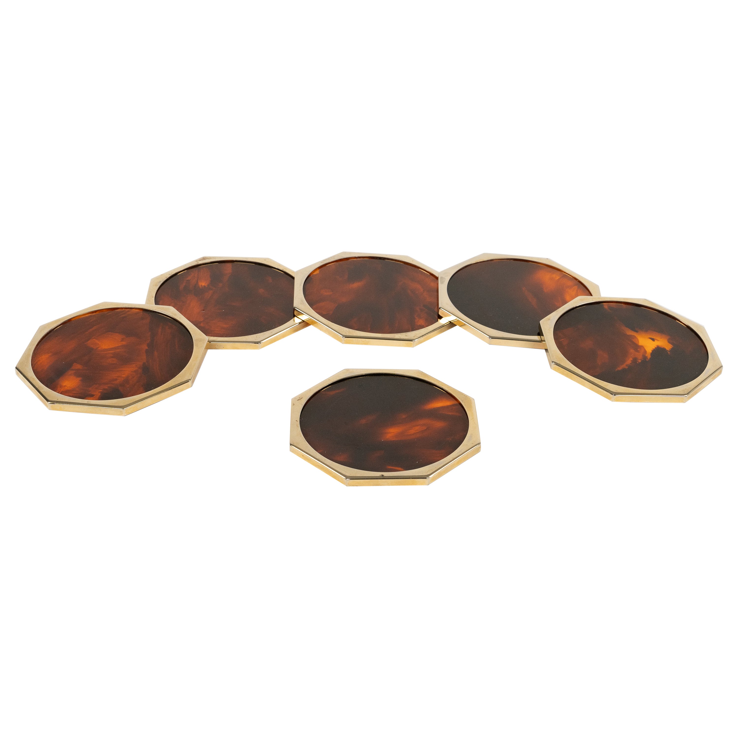 Christian Dior Set of Six Coasters Lucite Faux Tortoiseshell & Brass, Italy 1970 For Sale