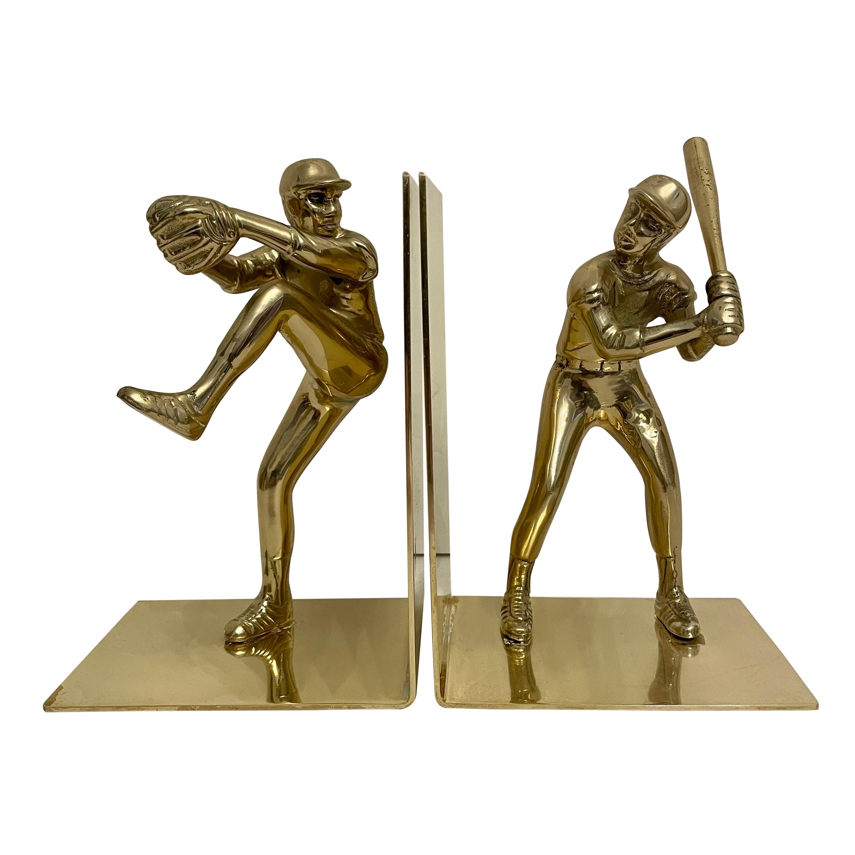 Pair Solid Brass Baseball Players Bookends For Sale