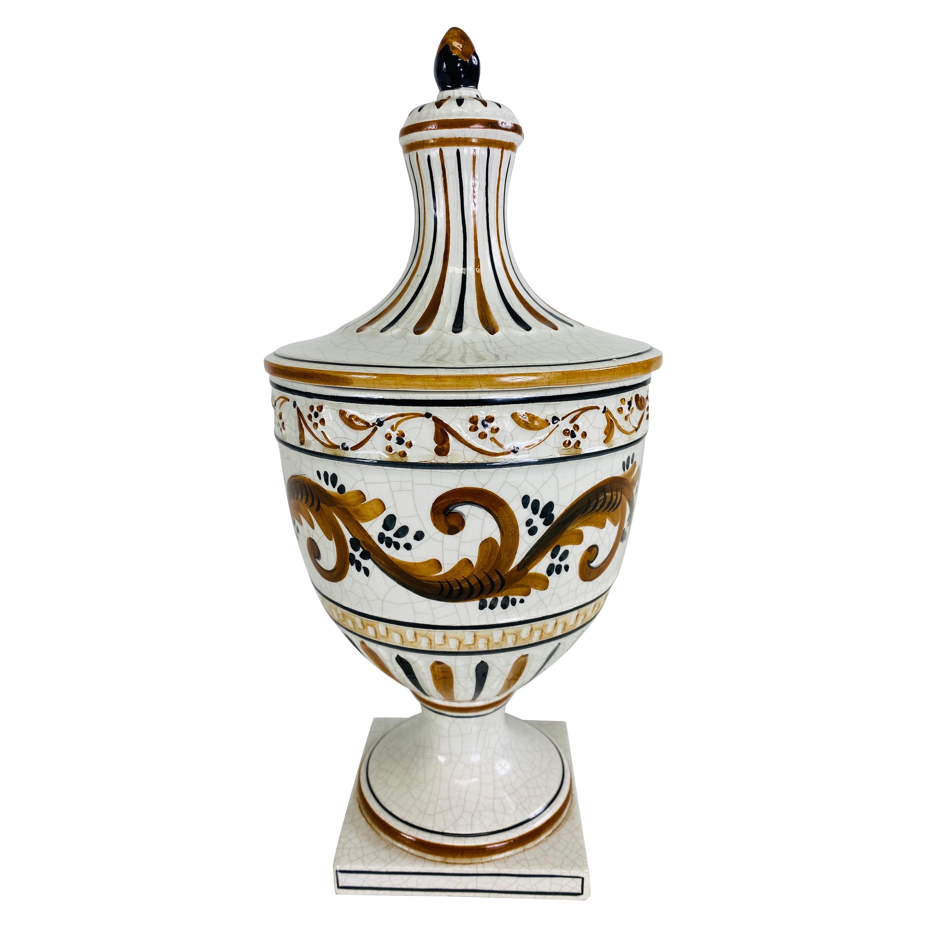 Mid century vintage hand-painted Italian pottery urn with lid. For Sale