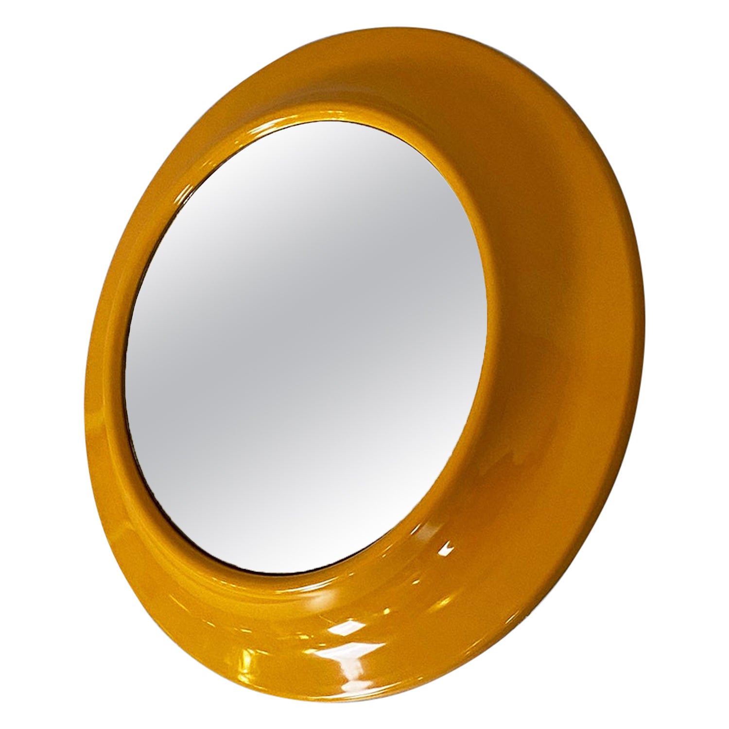 Italian modern round yellow ocher plastic mirror by Cattaneo Italy, 1980s For Sale