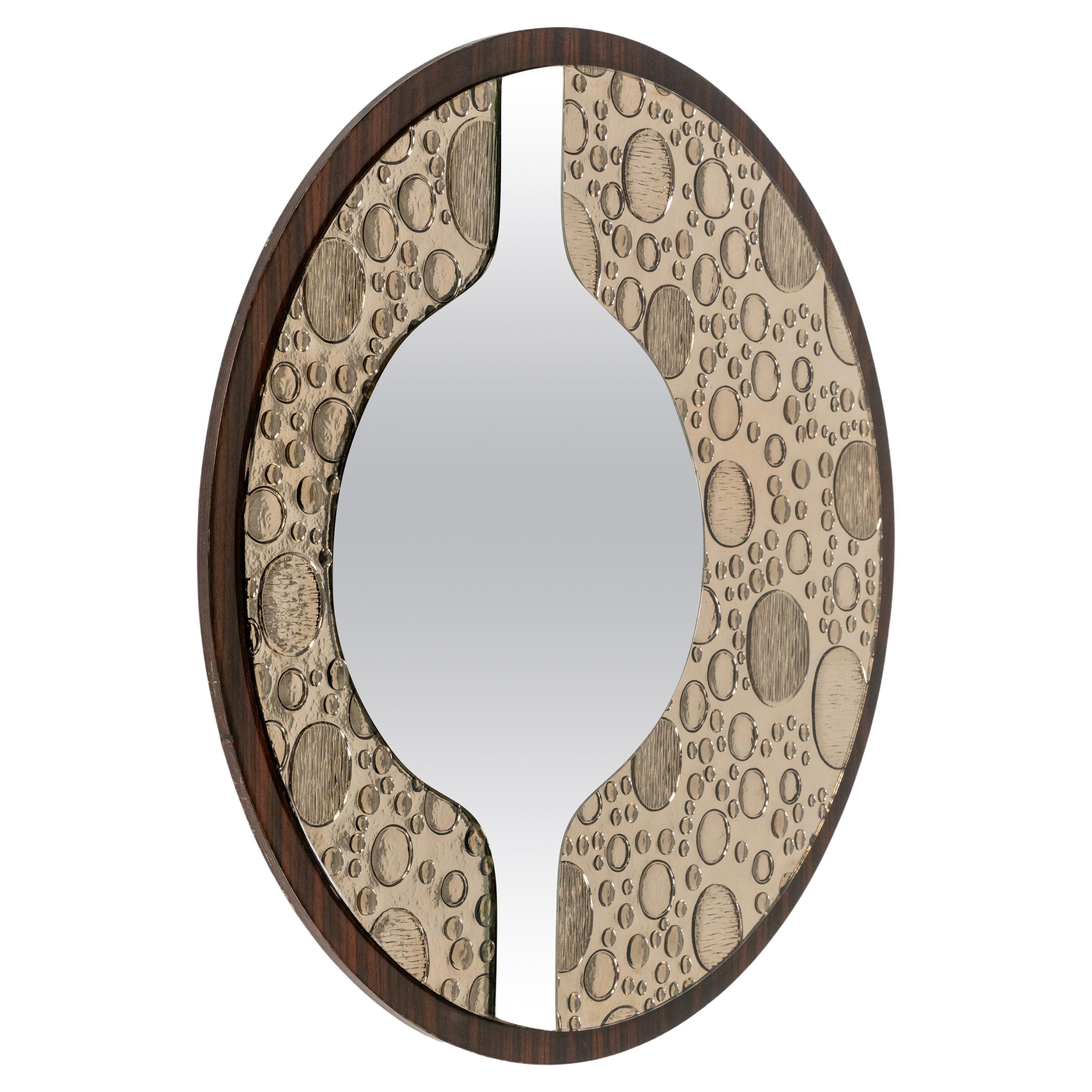 Midcentury Round Wall Mirror in Wood and Glass, Italy 1970s For Sale
