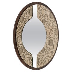 Midcentury Round Wall Mirror in Wood and Glass, Italy 1970s
