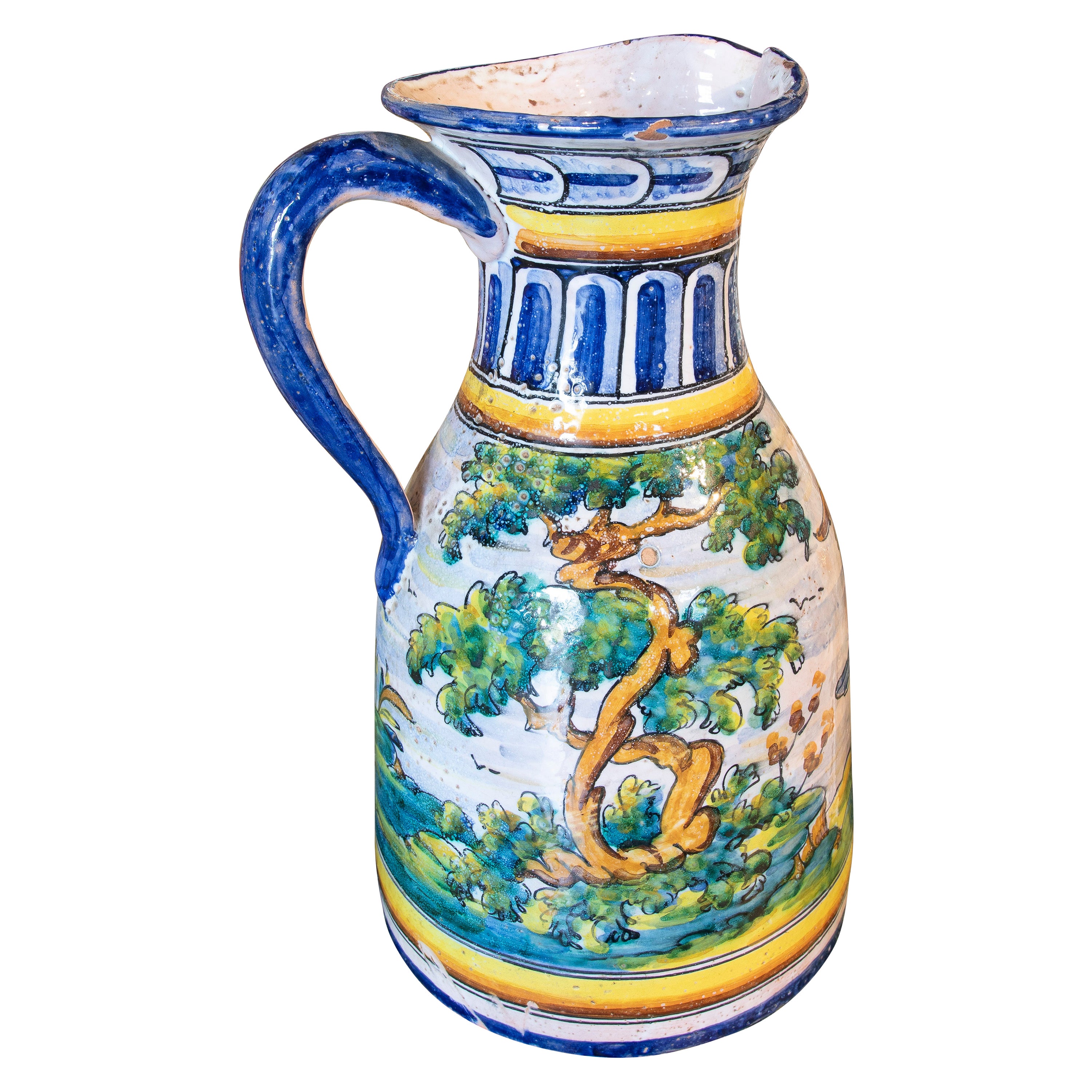 Spanish Hand-Painted Talavera Ceramic Jug of Landscape with Trees For Sale