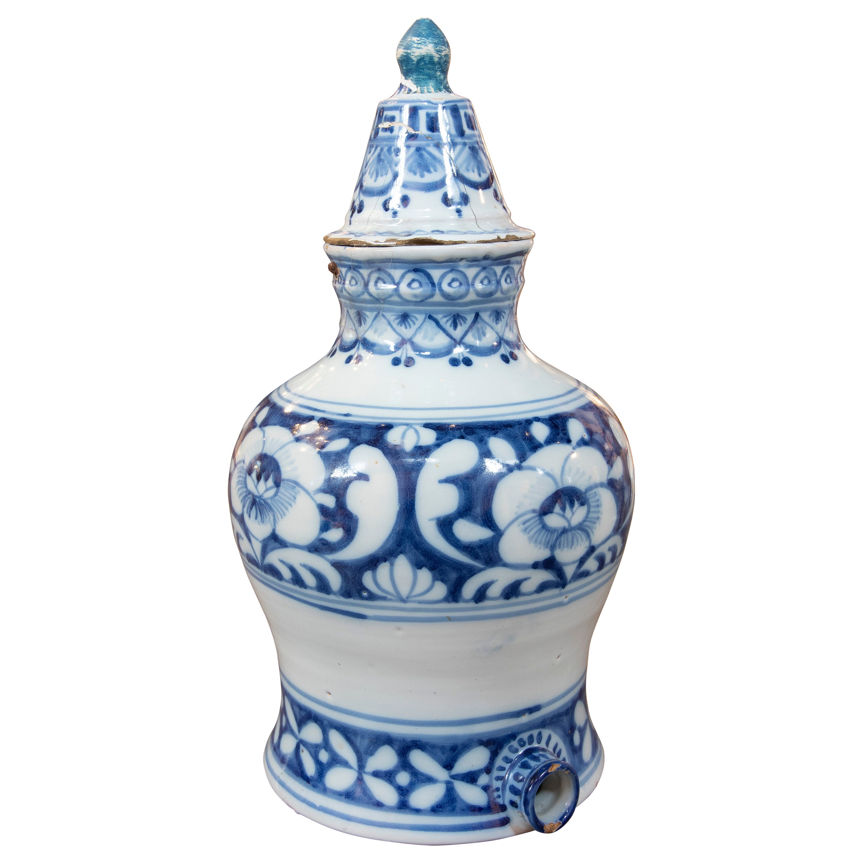 Spanish Ceramic with White Glazed Ceramic Lid with Blue Decoration