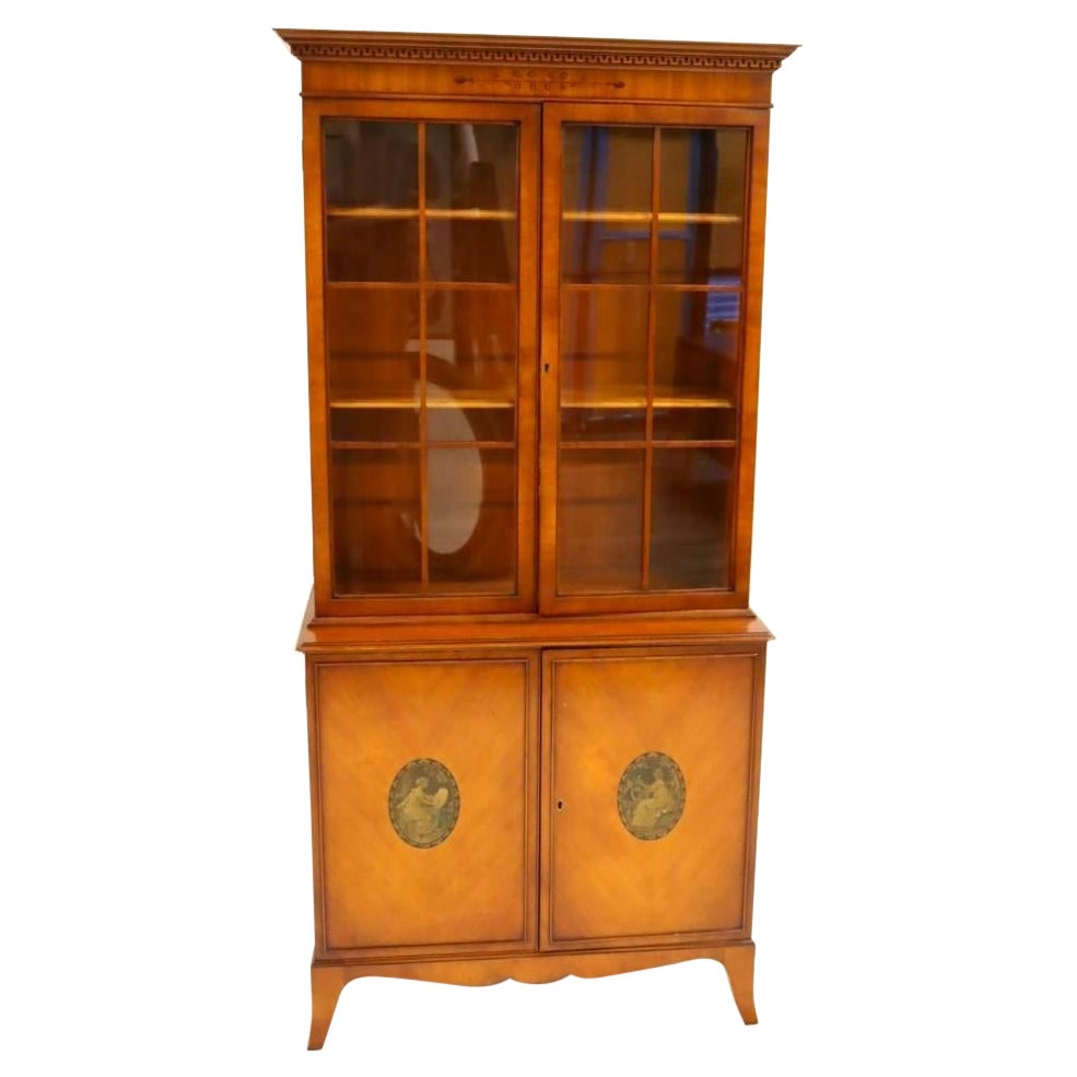 Hand Carved/ Painted Satinwood Adams Style Bookcase / Display Cabinet For Sale