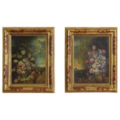 Antique Italian Rococo Period Pair of Oils Depicting Floral Arrangements, Mid-18th cen.