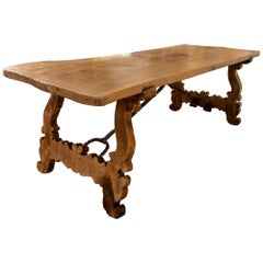 Used Spanish Large Wooden Table with Hand-Carved Legs and Original Iron Fittings