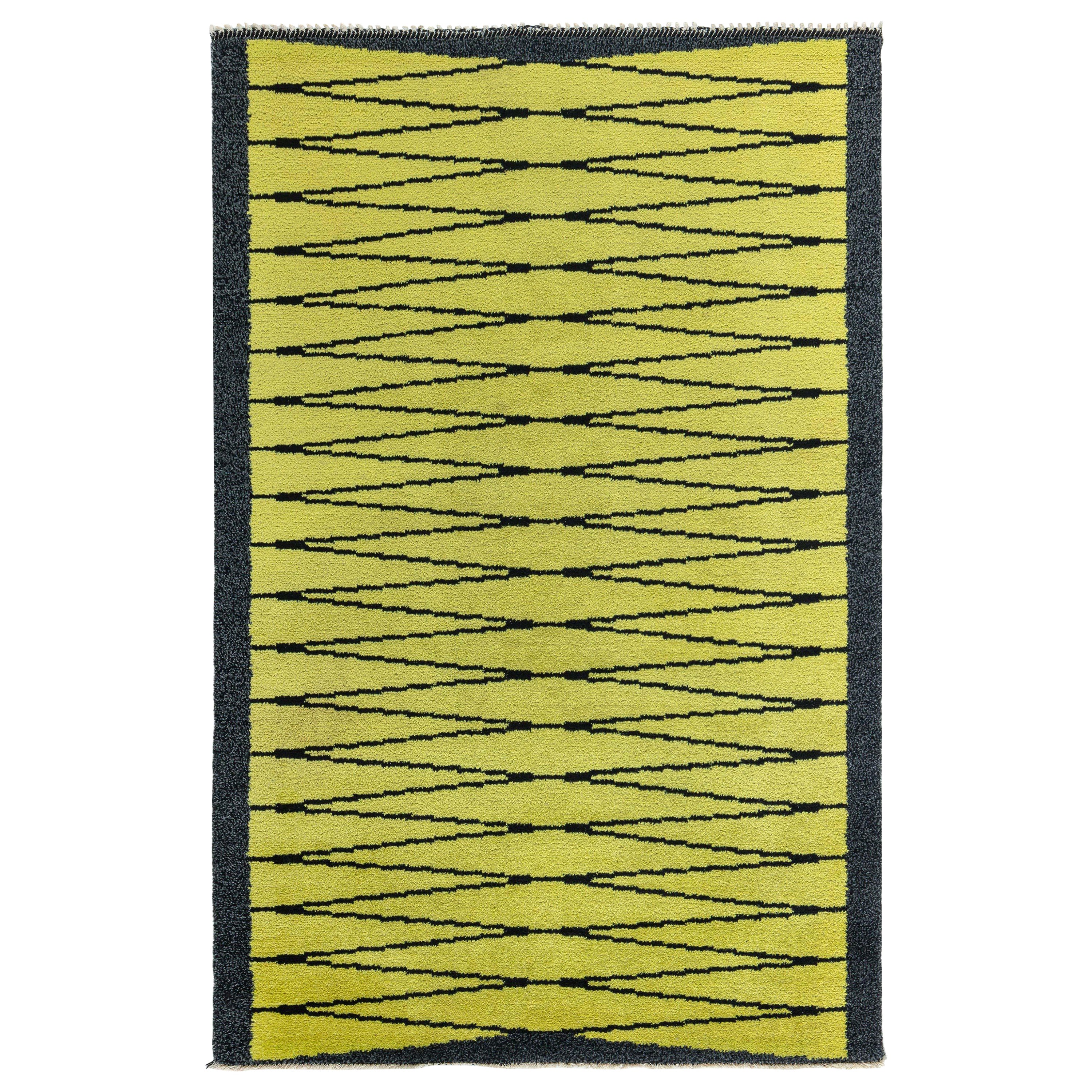 Vintage Swedish Yellow Black Pile Rug