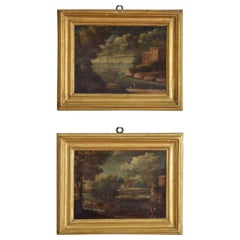 Pair Italian Early 18th century Oil on Canvas Paintings, Harbor and Landscape