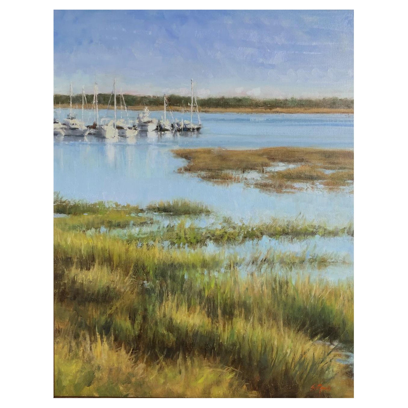 Framed Oil on Canvas Panel "Grassy Inlet" by Sue Foell For Sale