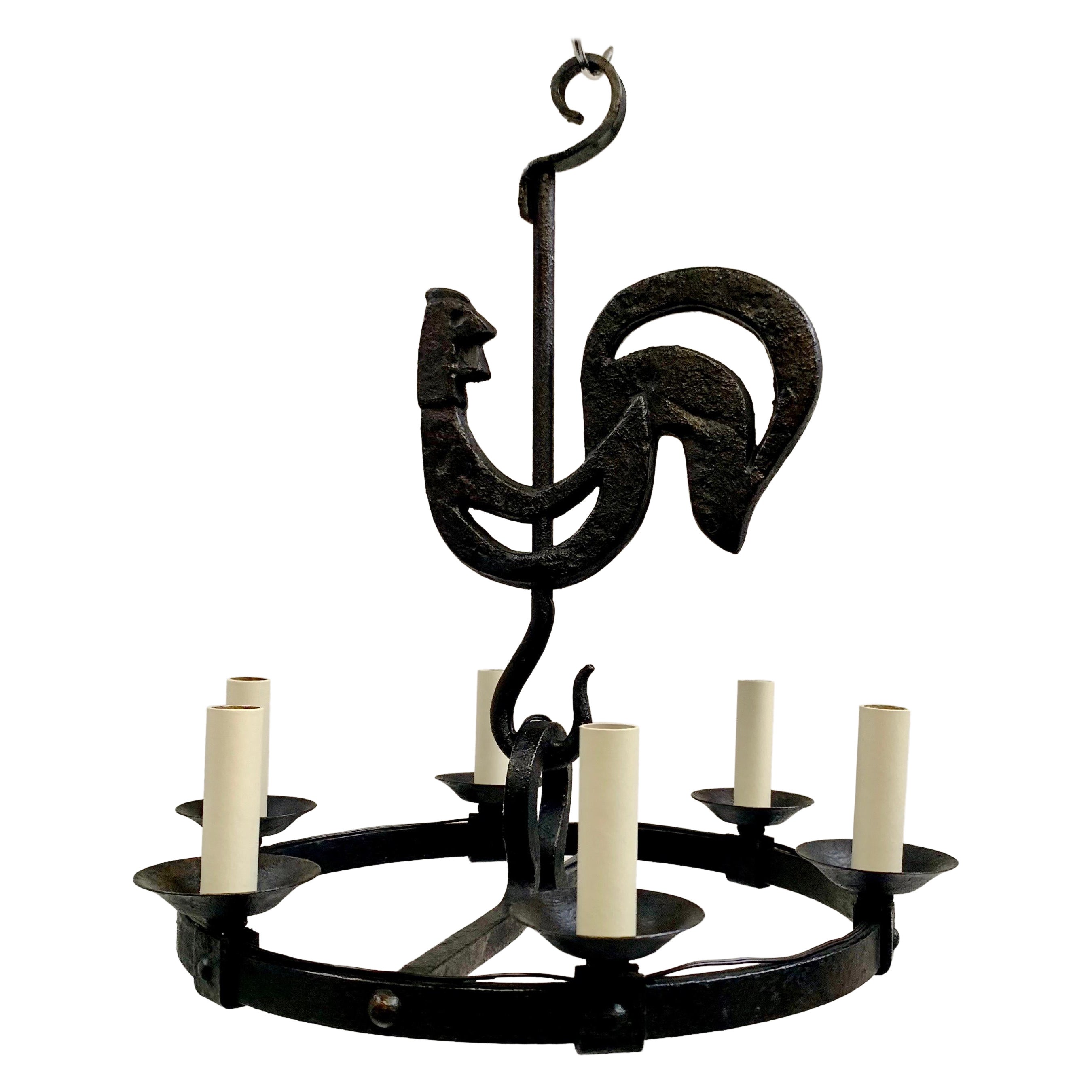 Mid-Century Black Wrought Iron Girouette Chandelier, France circa 1950. For Sale