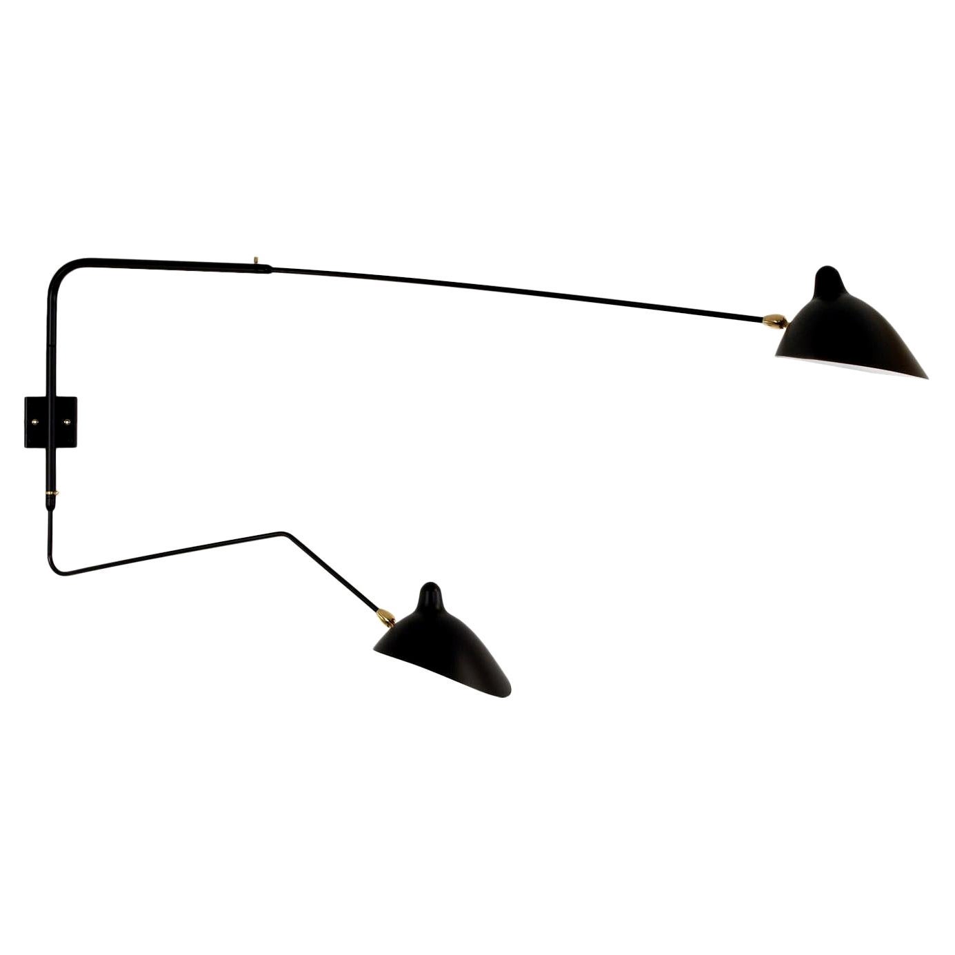 Serge Mouille Modern Black Two Rotating Straight-Curved Arms Wall Lamp For Sale