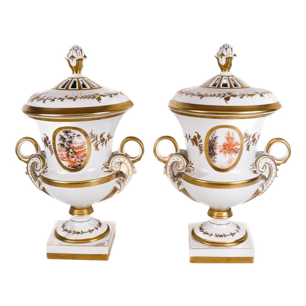 19th Century French Hand Painted / Gilt Porcelain Covered Pair Urn For Sale