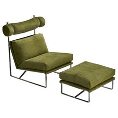 Milo Baughman, Silla de salón con otomana, terciopelo, acero, EE.UU., años 70