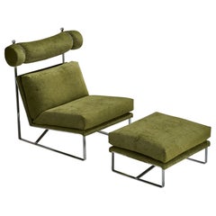 Fauteuil de salon Milo Baughman avec ottoman, velours, acier, États-Unis, 1970