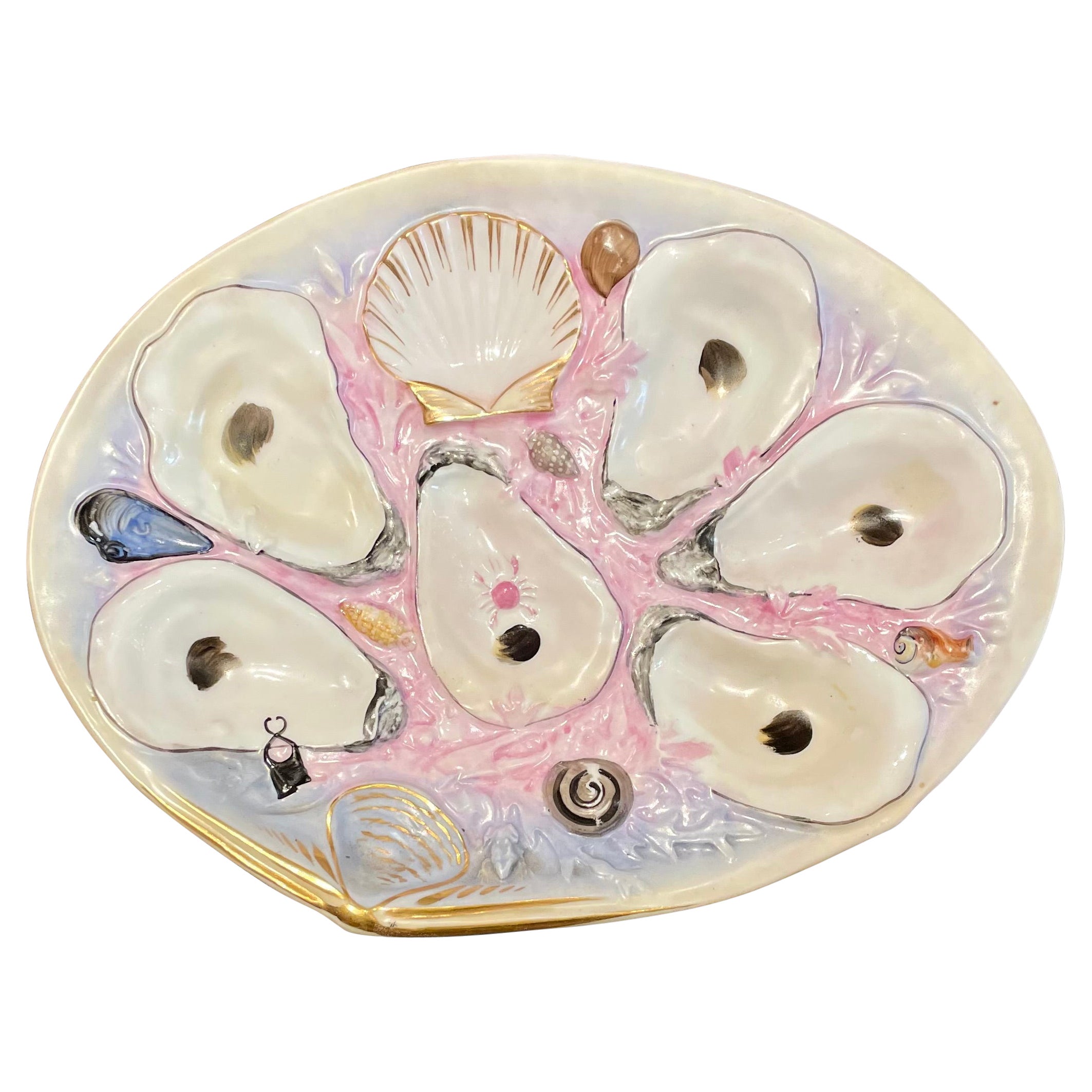 Grande assiette à huîtres américaine ancienne en porcelaine «UPW » rose en forme de palourde, vers 1880