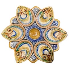 Antiker französischer „Thomas Sargent“ Palissy Ware Majolika-Austernteller mit Fischbesatz aus Majolika.
