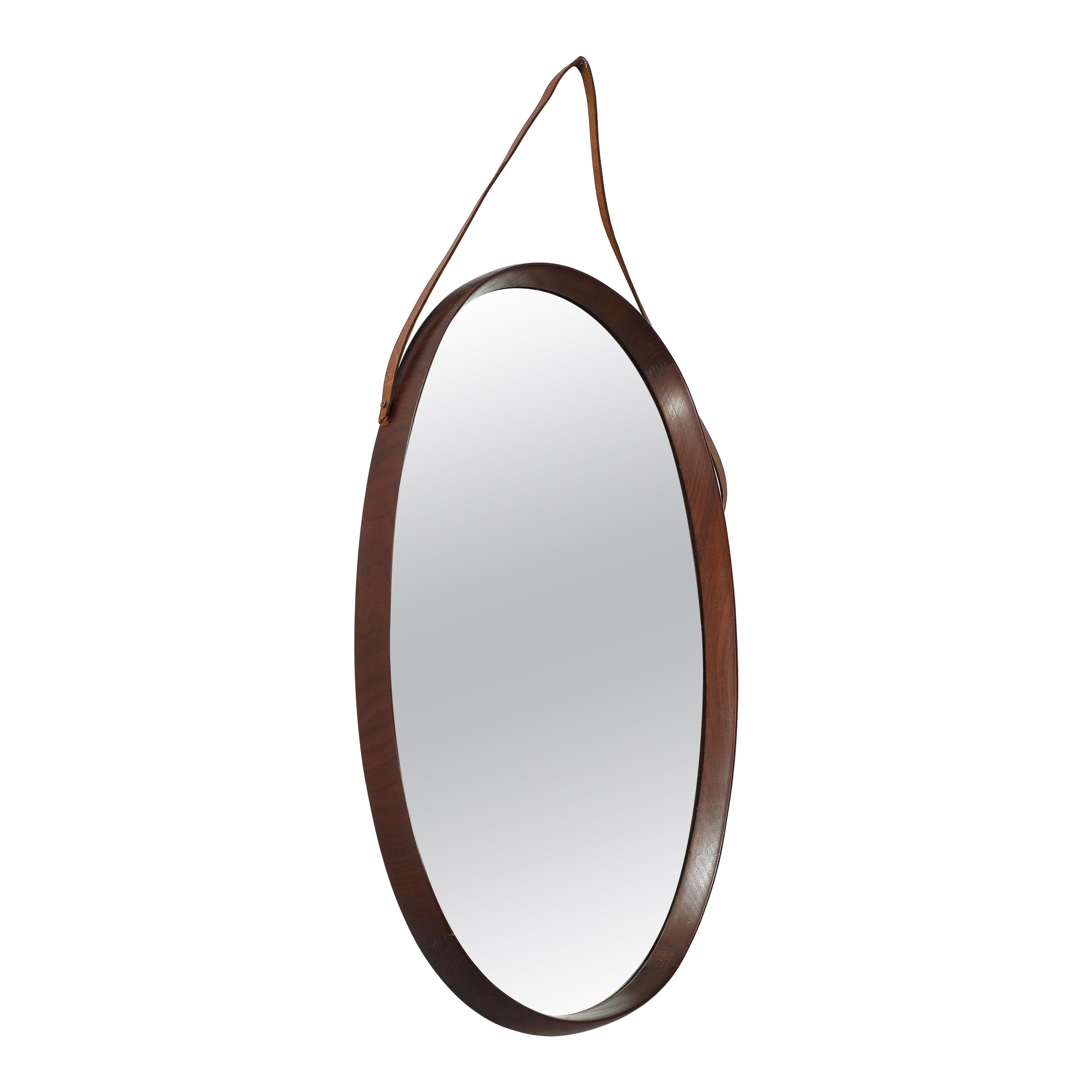 Italian Oval Teak Wall Mirror with Leather Strap, Italy, circa 1950  For Sale