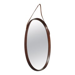 Vintage Italian Oval Teak Wall Mirror with Leather Strap, Italy, circa 1950 