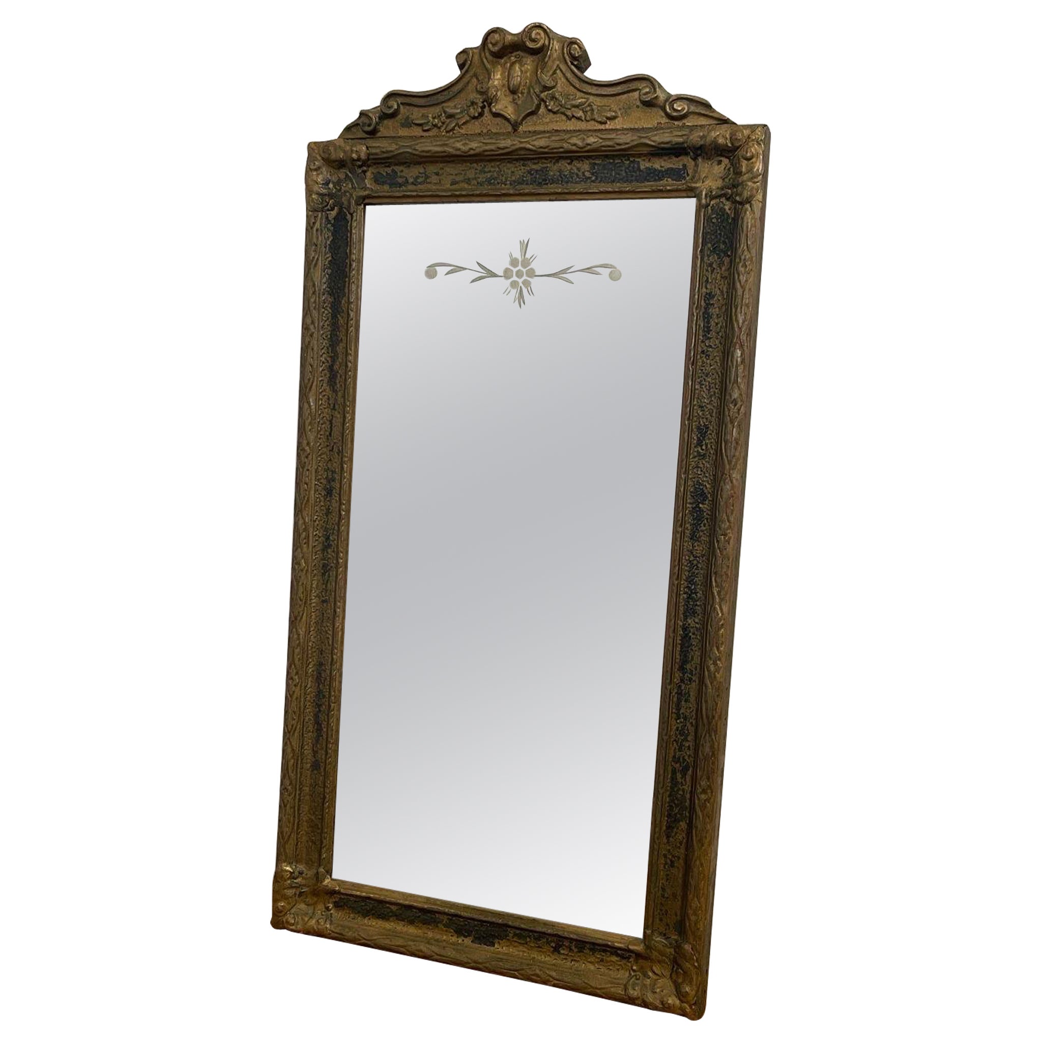 Antique Arched Sculpted Wood Frame Mirror With Floral Etching.