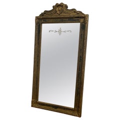 Vintage Arched Sculpted Wood Frame Mirror With Floral Etching.