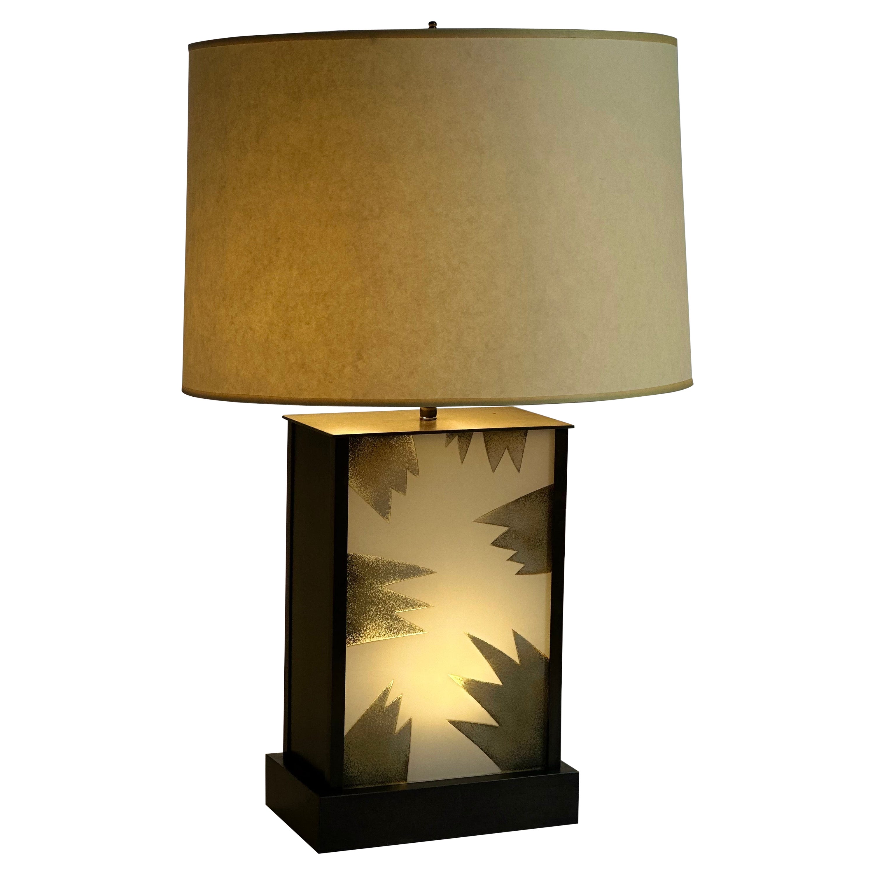Exceptional Bronze and Reverse Painted Glass Illuminated Modern Table Lamp For Sale