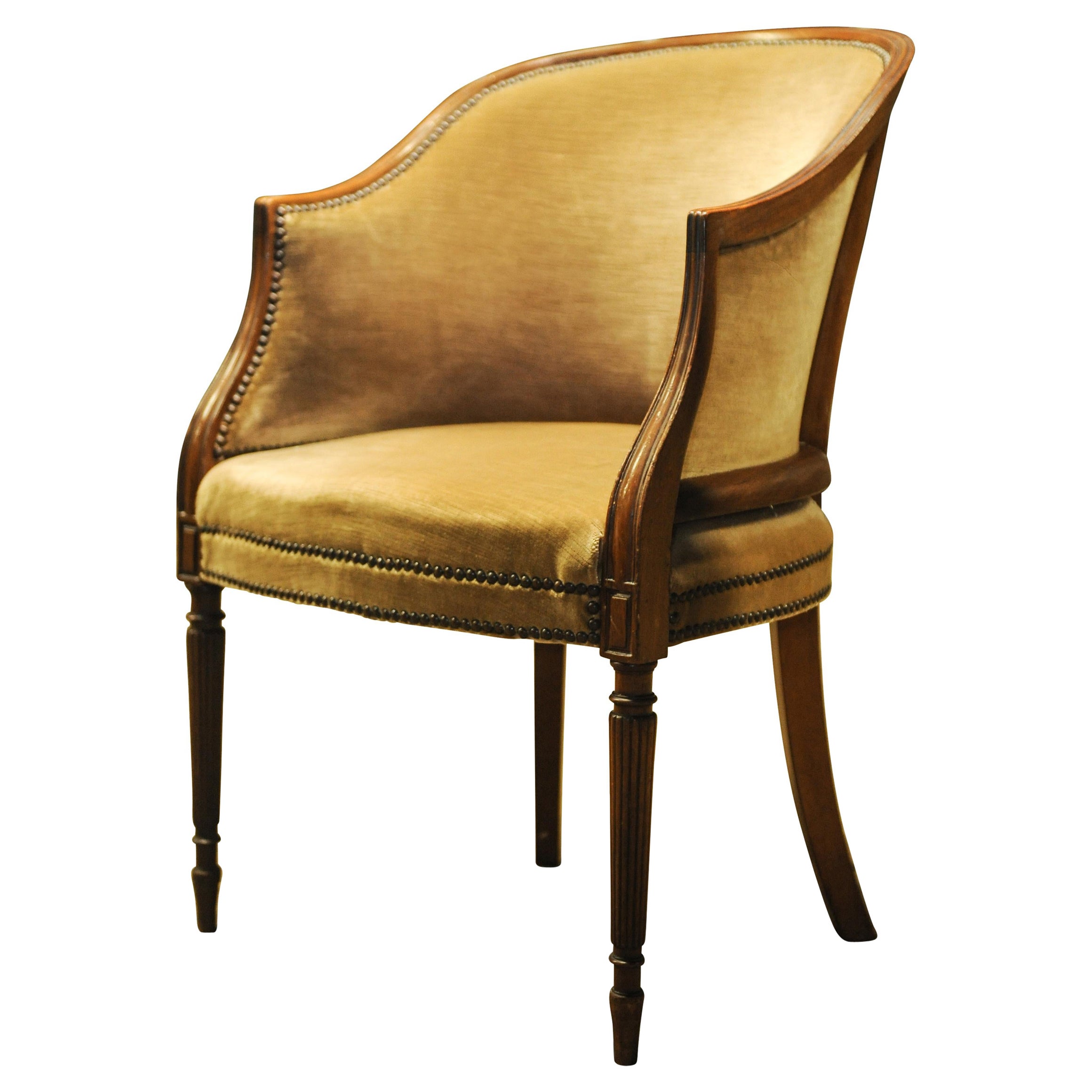 French Walnut Framed Velvet Tub Chair With Studded Borders on Tapered Supports For Sale